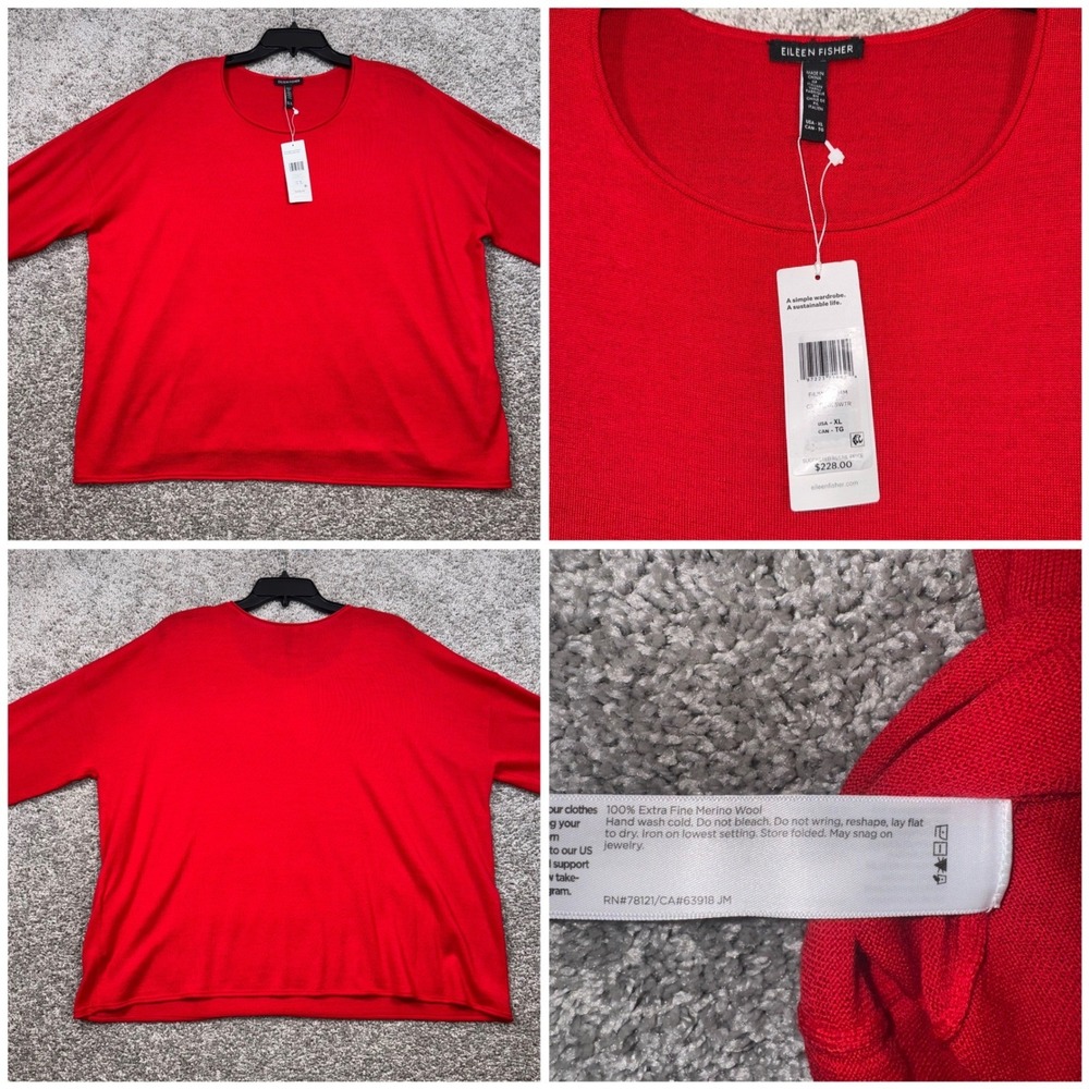EILEEN FISHER Red 100% Extra Fine Merino Wool Crew Neck Sweater Womens XL NEW